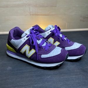 New balance 574 purple and gray with yellow  tennis shoes hard to fine size 6.